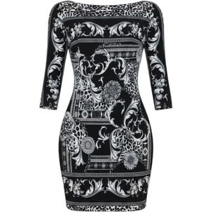 Cache Sheath Dress Womens 10 Black White Baroque Leopard Print 3/4 Sleeve Ornate